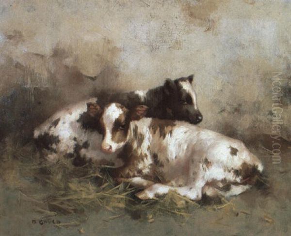 Ayrshire Calves In A Barn Oil Painting by David Gauld