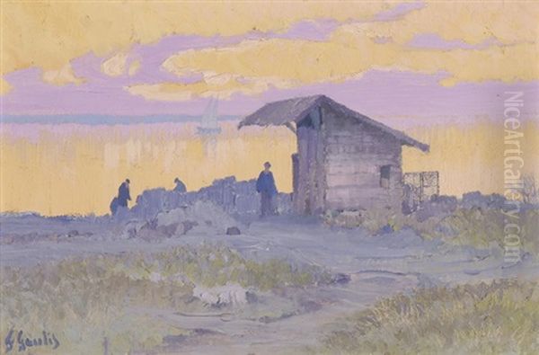 Hutte Am See Bei Sonnenuntergang Oil Painting by Fernand Gaulis