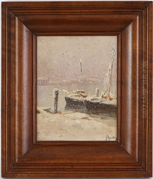 Barque Au Port Sous La Neige Oil Painting by Fernand Gaulis