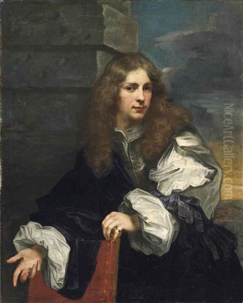 Portrait Of A Gentleman, Three-quarter-length, In A Grey Coat With Slashed Sleeves And A White Chemise, His Left Hand Resting On The Back Of A Chair... Oil Painting by Giovanni Battista Gaulli