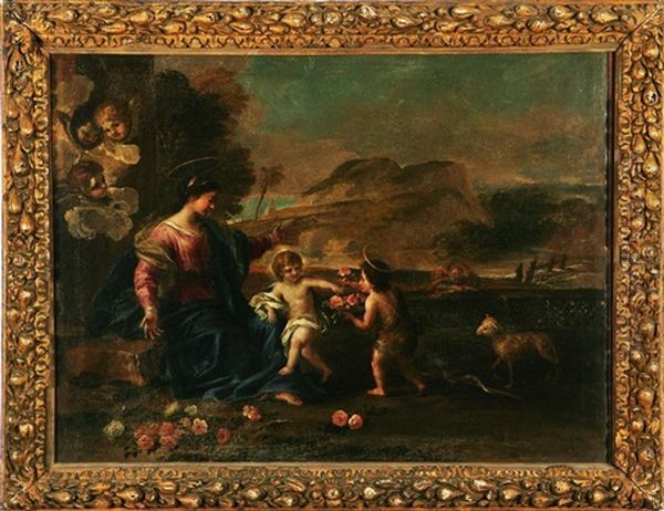 Madonna Con Bambino E San Giovannino Che Porge Rose Oil Painting by Giovanni Battista Gaulli