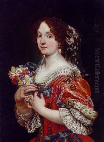 Portrait Of Eleonora Boncompagni Borghese In A Red And Gold Embroidered Dress With Blue Ribbons And A Fur-lined Collar, Holding A Bunch Of Flowers Oil Painting by Giovanni Battista Gaulli