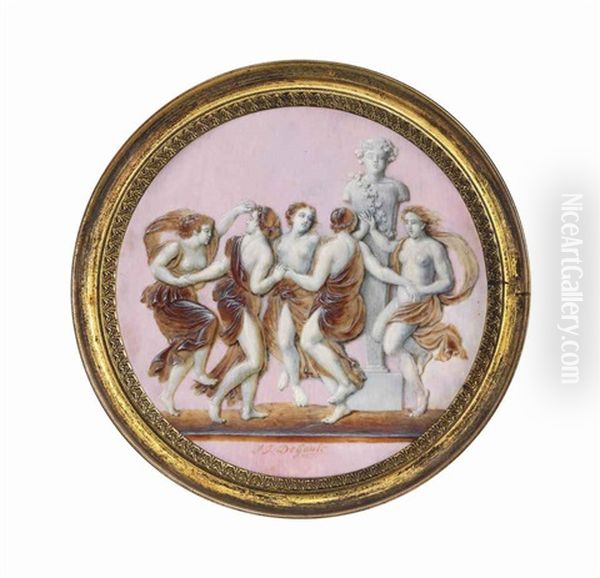 A Classical Scene Of A Group Of Five Scantily Dressed Maenads Dancing Around A Herm Of Bacchus, Simulating An Agate Cameo On A Pink Ground Oil Painting by Jacques-Joseph de Gault