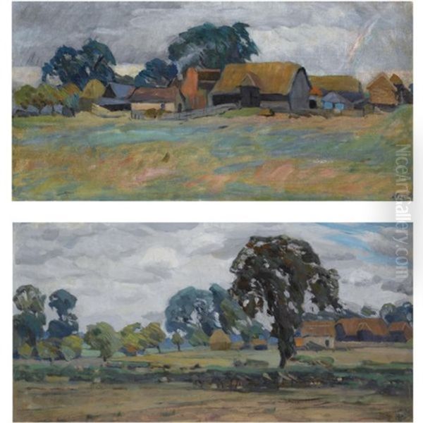 The Old Farm - England (+ A Grey Day - England; 2 Works) Oil Painting by Alexander Fedorovich Gaush