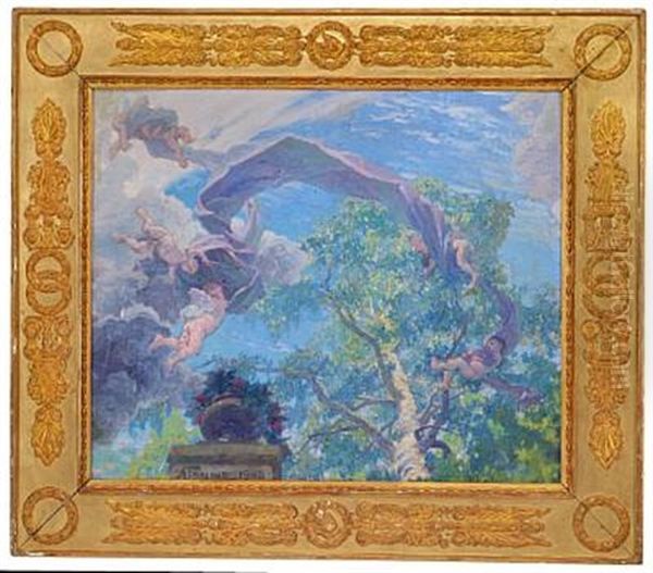 Flying Putti Under Green Treetops Oil Painting by Alexander Fedorovich Gaush