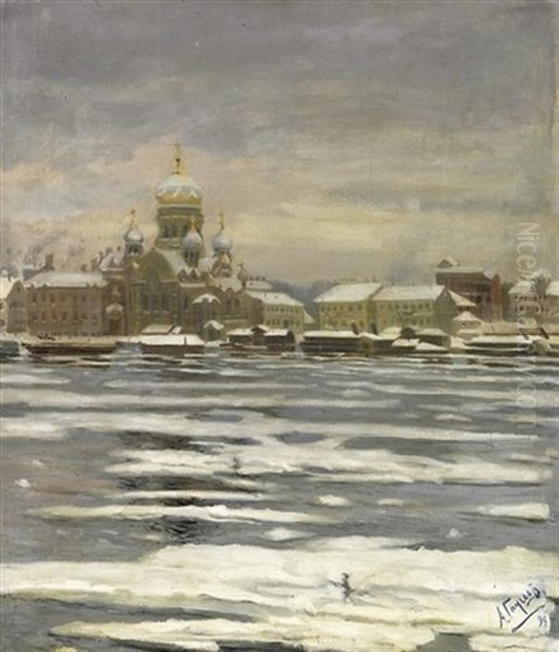 Ansicht Von St. Petersburg (?) Im Winter Oil Painting by Alexander Fedorovich Gaush