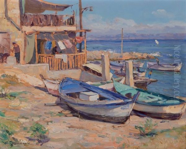 Cabanon Et Barques De Pecheurs A Marseille Oil Painting by Adolphe-Louis Gaussen