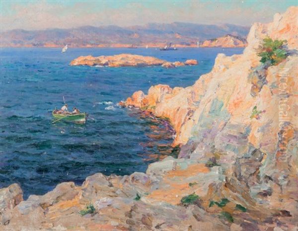 Pecheurs Sur La Corniche A Marseille Oil Painting by Adolphe-Louis Gaussen