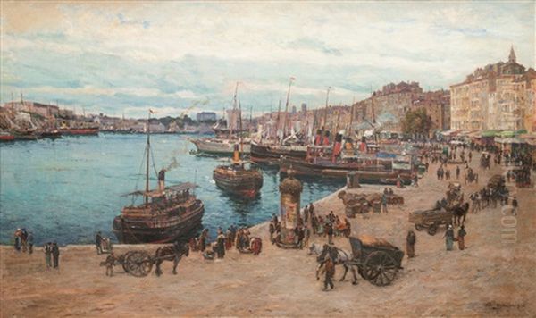 Vue Du Vieux-port De Marseille Tres Animee Prise Du Quai Des Belges Oil Painting by Adolphe-Louis Gaussen