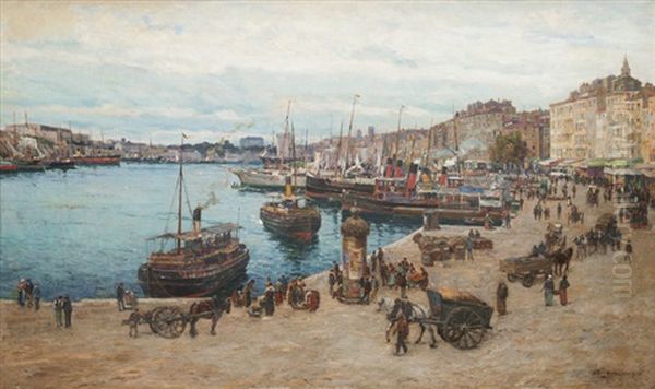 Vue Du Vieux-port De Marseille Tres Animee Prise Du Quai Des Belges Oil Painting by Adolphe-Louis Gaussen