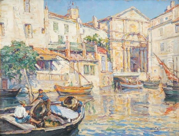 Les Martigues, Vue Du Port De L'eglise Oil Painting by Adolphe-Louis Gaussen