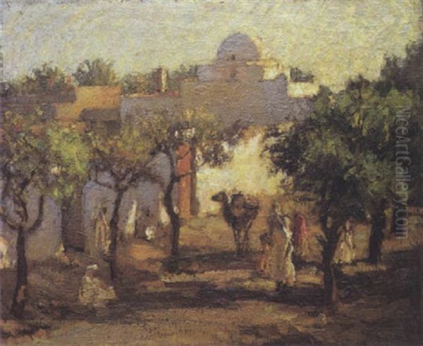 Anes Dans Une Cour Au Maroc Oil Painting by Adolphe-Louis Gaussen