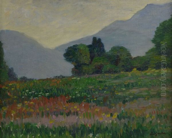 Landscape With A Flower Meadow And Mountains Beyond Oil Painting by Leo Gausson