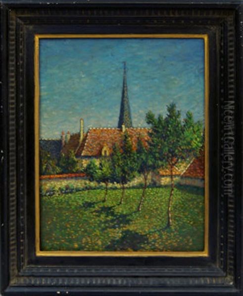 View Of A Back Garden And Church Oil Painting by Leo Gausson