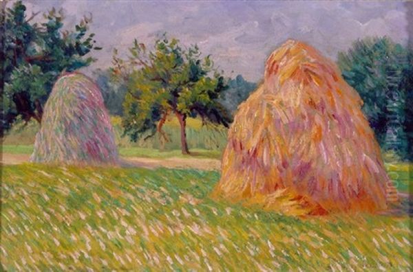 Hay Bales In A Sunny Landscape Oil Painting by Leo Gausson