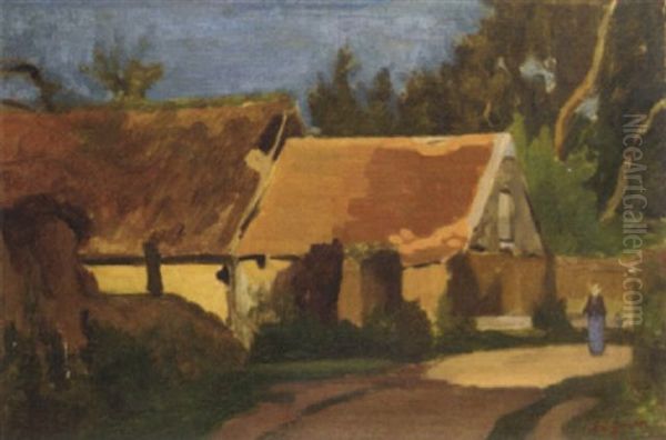 A Lady Strolling By A Farmhouse Oil Painting by Leo Gausson