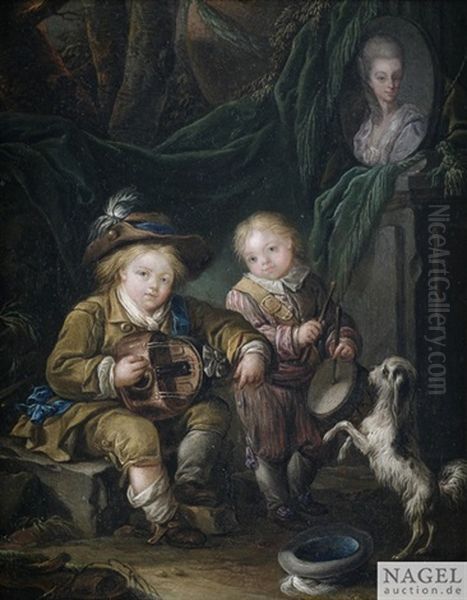 Bidnis Zweier Kinder Als Musikanten Vor Einem Bildnis Ihrer Mutter Oil Painting by Jacques Fabien Gautier d'Agoty