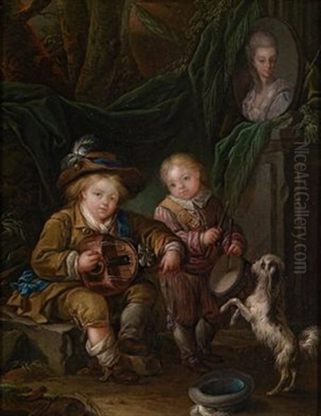 Portrat Zweier Kinder Als Musikanten Vor Einer Buste Ihrer Mutter Oil Painting by Jacques Fabien Gautier d'Agoty