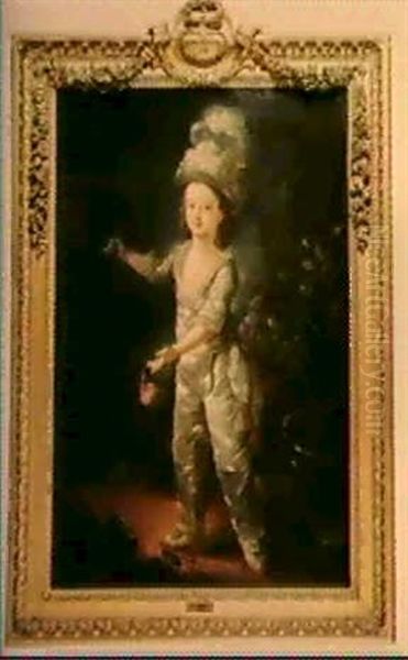 Portrait Du Dauphin, Dressed In White Satin And A Hat With  Ostrich Plumes, Despoiling A Rose Bush In A Decorative Urn.. Oil Painting by Jacques Fabien Gautier d'Agoty