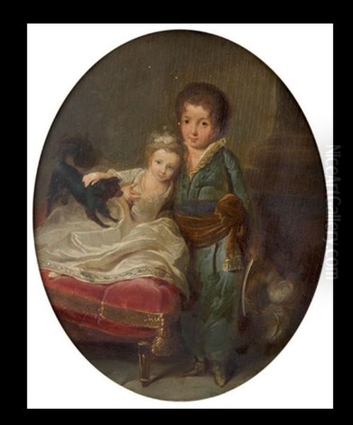 Deux Enfants Et Un Chien Sur Un Coussin Oil Painting by Jean-Baptiste Andre Gautier d'Agoty