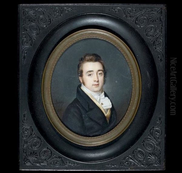 Portrait D'homme En Redingote Bleue, Gilet Jaune Et Cravate Blanche Oil Painting by Pierre Edouard Gautier dagoty