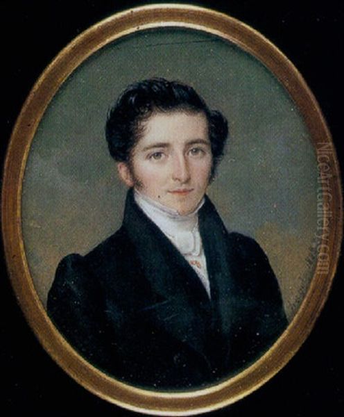 Portrait Of A Gentleman, In Black Coat, Waistcoat, White Shirt, Stock And Gold Tie-pin Oil Painting by Pierre Edouard Gautier dagoty