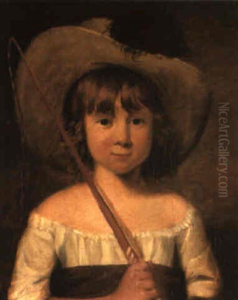 Portrait D'une Jeune Fille Portant Un Chapeau Et Tenant Une Cravache Oil Painting by Pierre Edouard Gautier dagoty