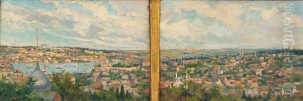 Vue De Constantinople (diptych) Oil Painting by Albert Clement Valery Gautier