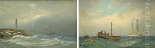 Barque De Peche (+ Entree De Port; Pair) Oil Painting by Francois Gautier