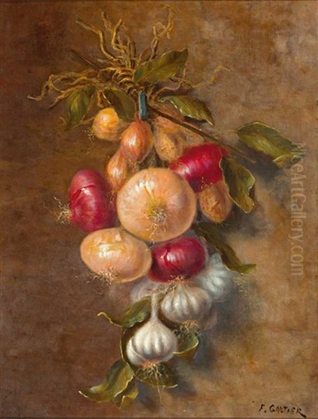 Zwiebel-/knoblauchzopf Mit Lorbeerblattern An Der Wand Oil Painting by Louis Francois Leon Gautier