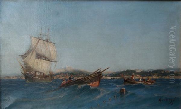 Pecheurs Dans La Baie De Marseille Oil Painting by Louis Francois Leon Gautier