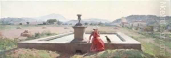 Portrait De Madame Gautier Et Son Chien Au Bord De La Fontaine Oil Painting by Louis Francois Leon Gautier