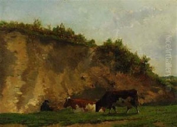 Hirte Mit Zwei Kuhen Im Steinbruch Oil Painting by Louis Francois Leon Gautier