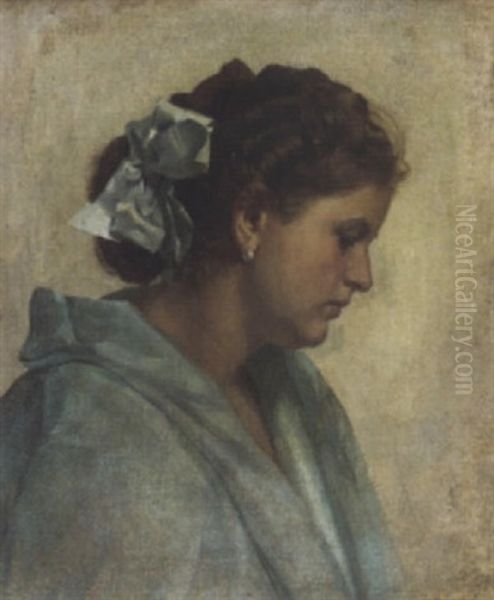 Portrait Of A Lady In A Light-blue Silk Gown With A Bow In Her Hair Oil Painting by Dmitrii Moiseevich Gavril'tsev