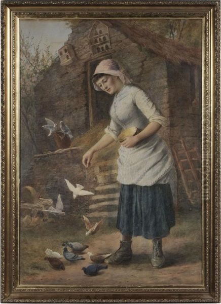 Girl Feeding Birds Oil Painting by Albert William Ayling