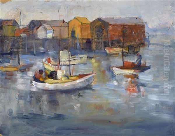 Boats At Harbor Oil Painting by August Gay