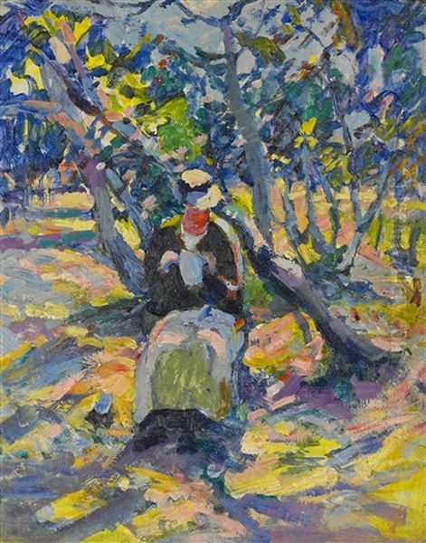 Woman In The Garden Oil Painting by August Gay