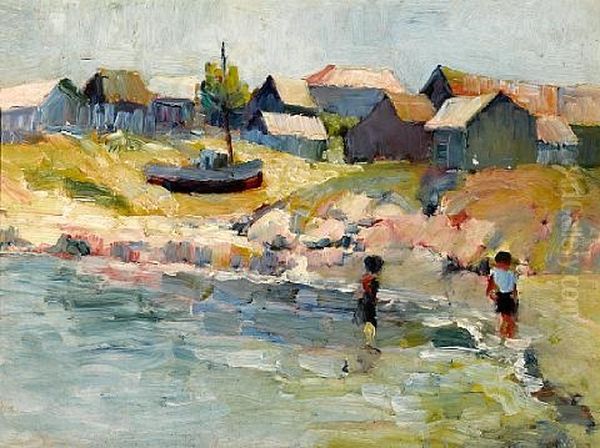 Children Wading At The Water's Edge (+ Farm Scene, Verso) Oil Painting by August Gay