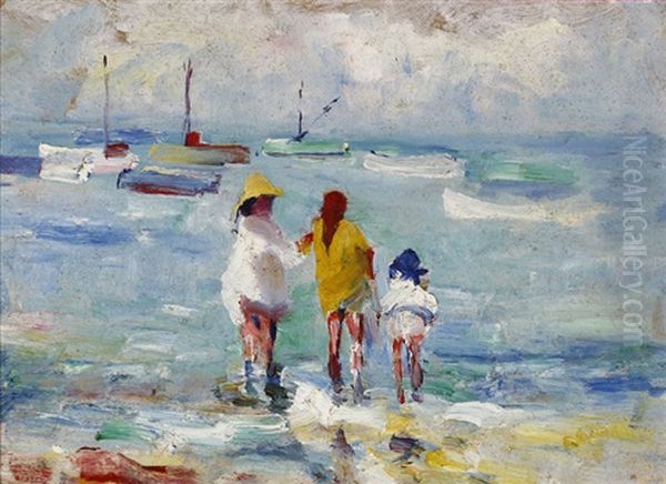 Bathers And Boats, Monterey Oil Painting by August Gay