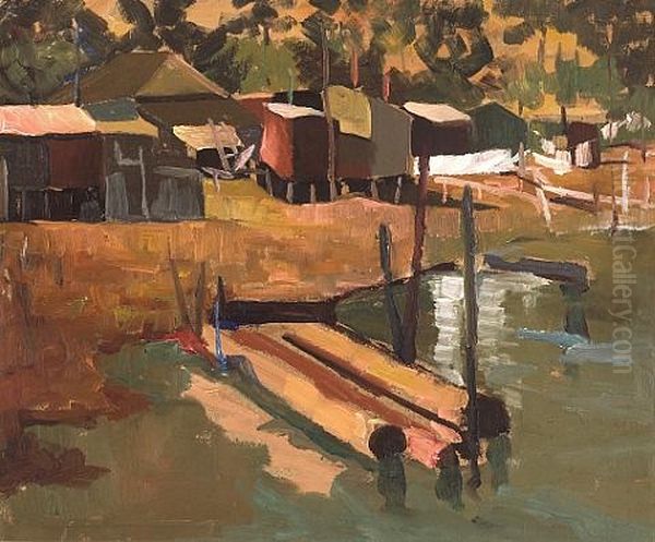 Untitled - Pier (+ Bayside Homes; Verso) Oil Painting by August Gay