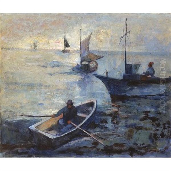 Man In Rowboat Oil Painting by August Gay