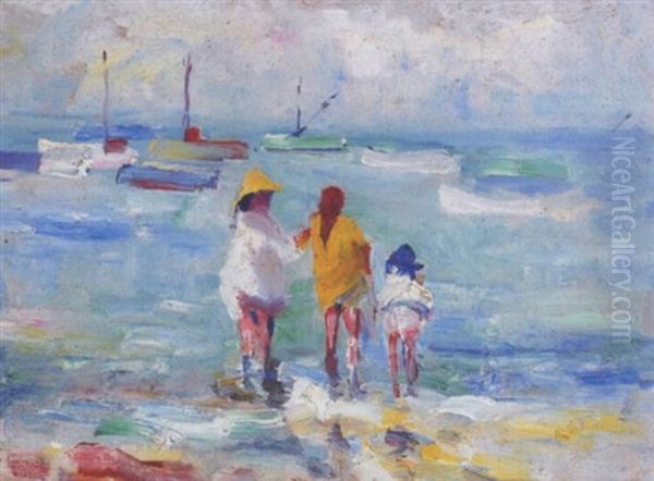 Figures Wading In The Surf With Boats In The Distance by August Gay