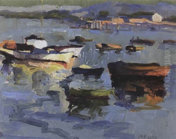 Fishing Boats And Skiffs, Monterey Bay Oil Painting by August Gay