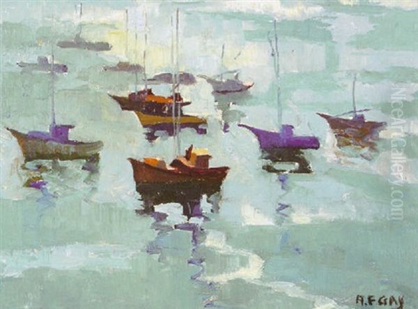 Boats In Monterey Bay Oil Painting by August Gay