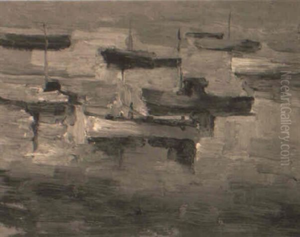 Boats In A Harbour Oil Painting by August Gay