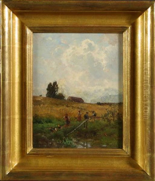 Barn, Figures And Chickens In Rural Landscape by Edward B. Gay