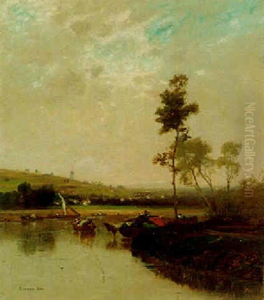 Boats Along The River Oil Painting by Edward B. Gay