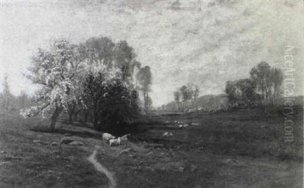 Sheep Grazing In A Spring Landscape Oil Painting by Edward B. Gay