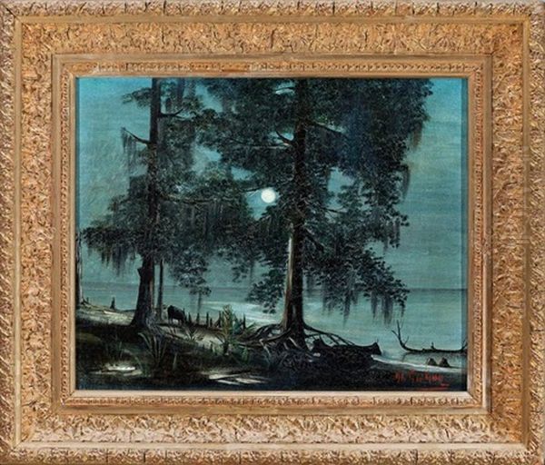 Cattle Grazing By The Shore ((+ Pirogue Docked By The Wooden Bridge; 2 Works) Oil Painting by George Gay