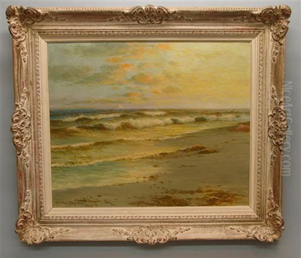 Sun Setting On Crashing Waves, Ships On Shoreline Oil Painting by George Howell Gay